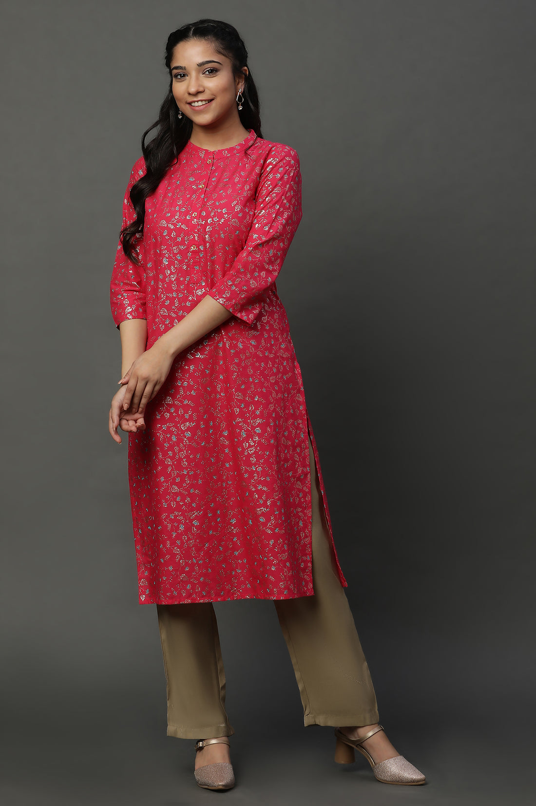 Pink Floral Glitter Printed Kurta