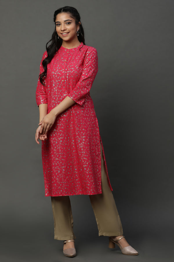 Pink Floral Glitter Printed Kurta