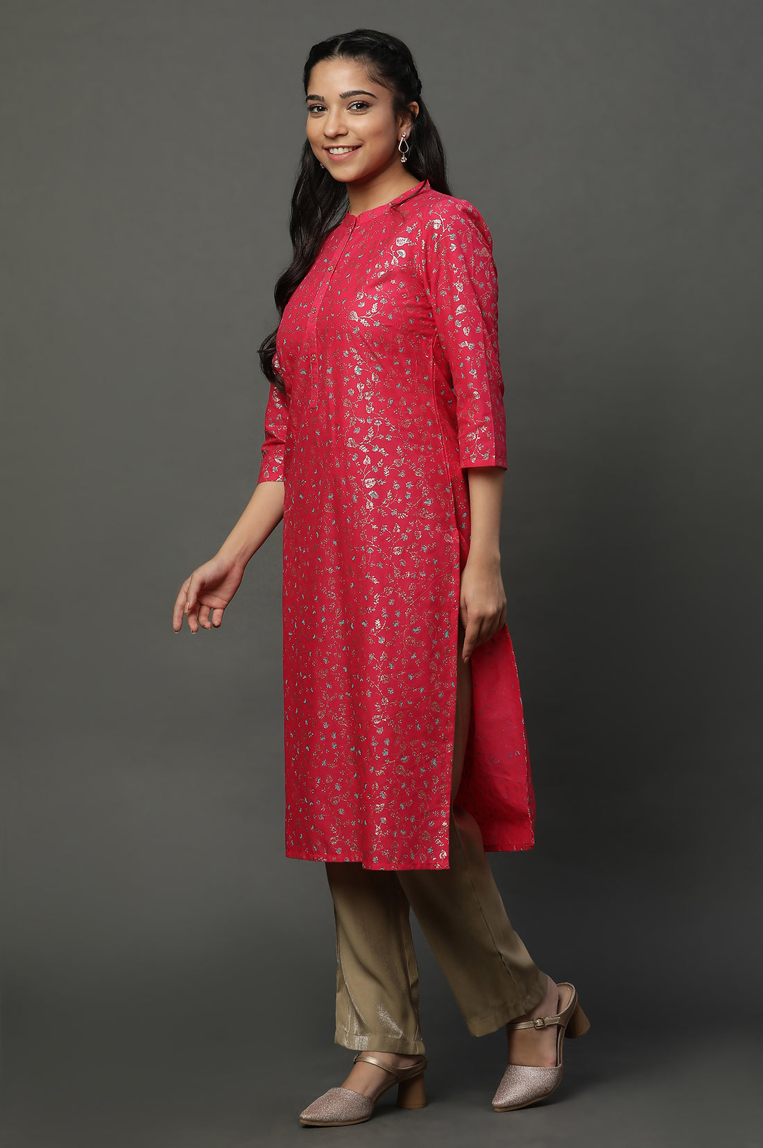 Pink Floral Glitter Printed Kurta
