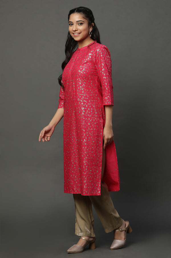 Pink Floral Glitter Printed Kurta