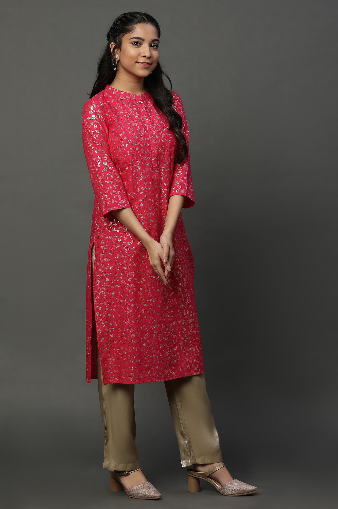 Pink Floral Glitter Printed Kurta