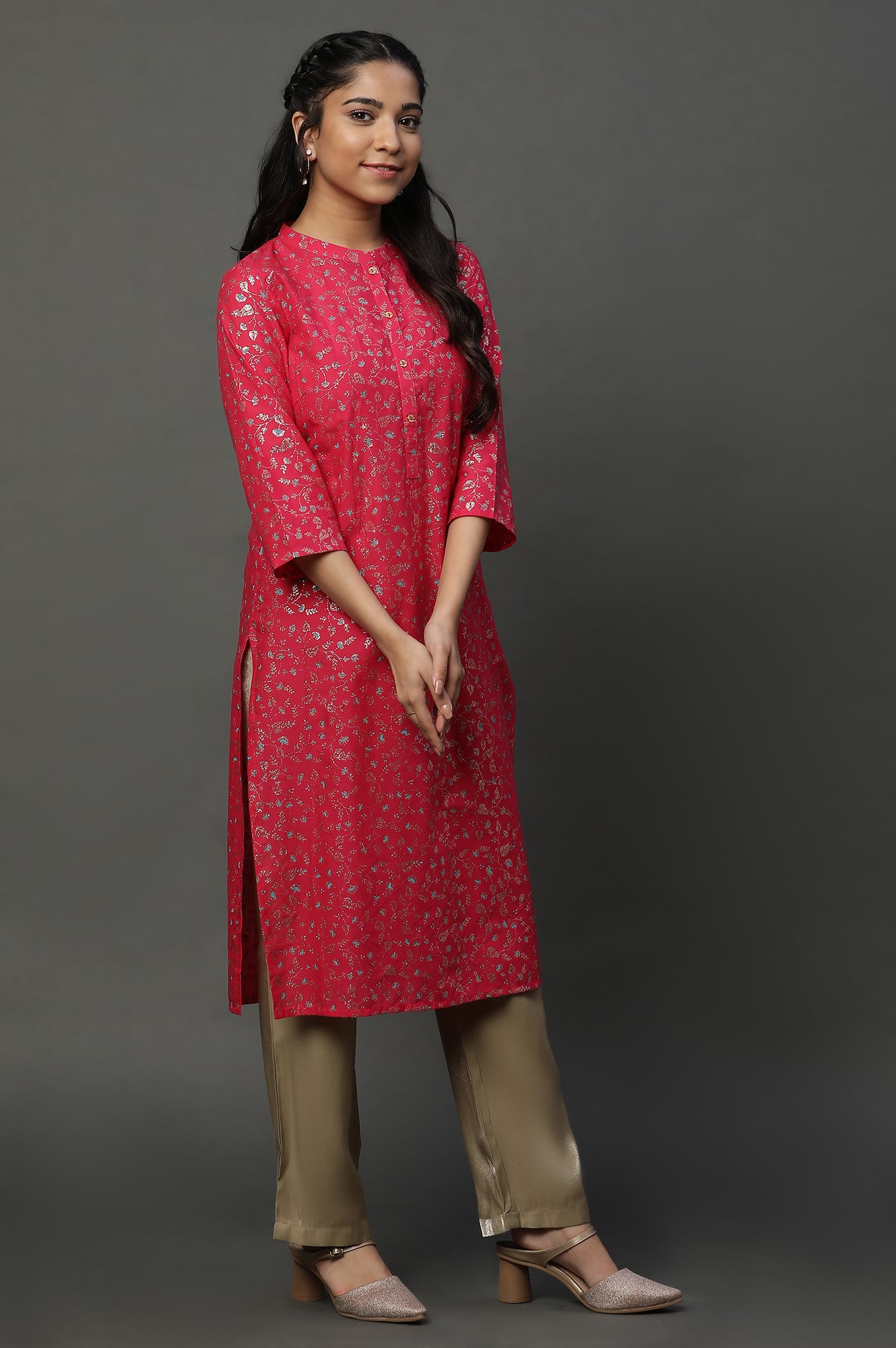 Pink Floral Glitter Printed Kurta