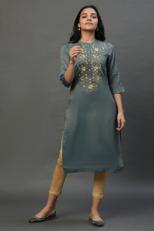 Green Embroidered Straight Kurta