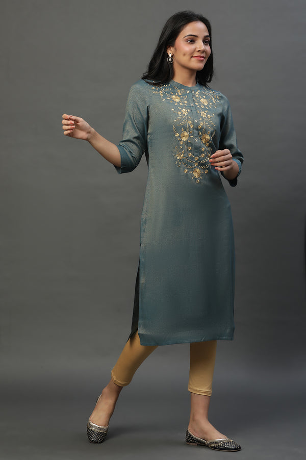 Green Embroidered Straight Kurta