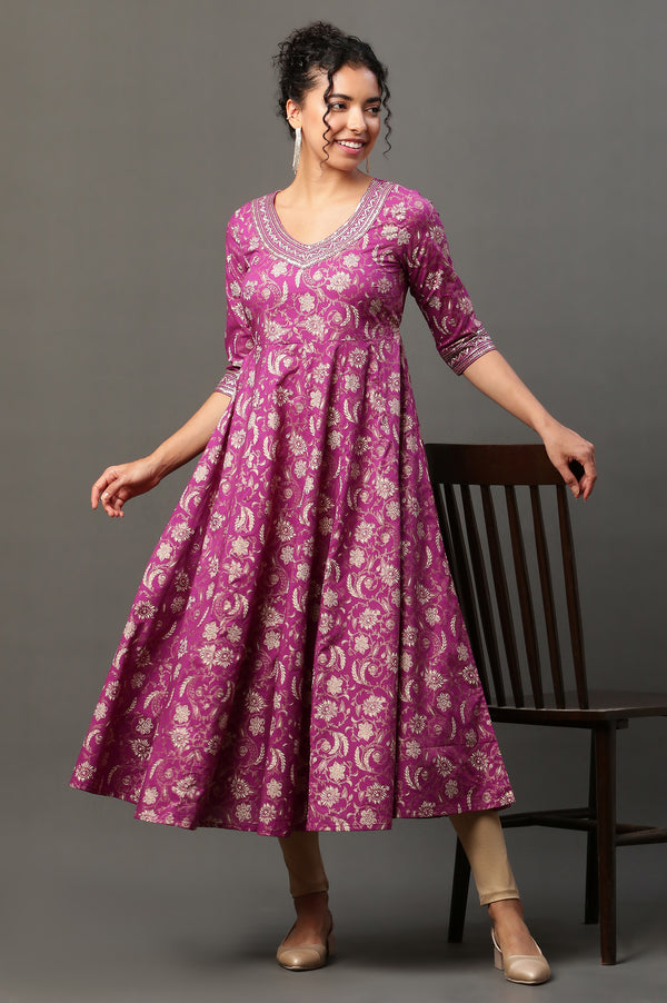 Purple Floral Printed Embroidered A-Line Kurta