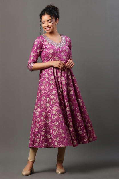 Purple Floral Printed Embroidered A-line Kurta