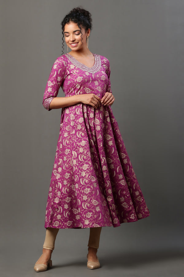 Purple Floral Printed Embroidered A-Line Kurta
