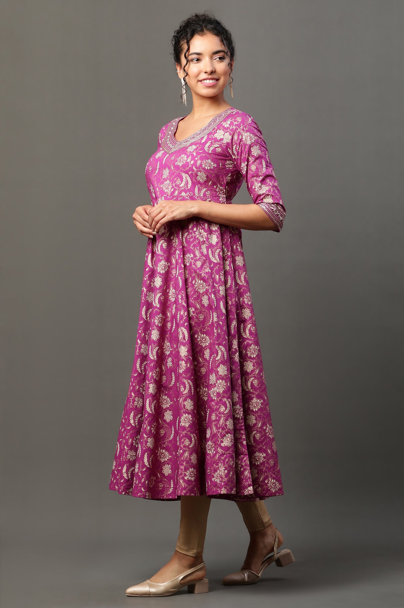 Purple Floral Printed Embroidered A-line Kurta