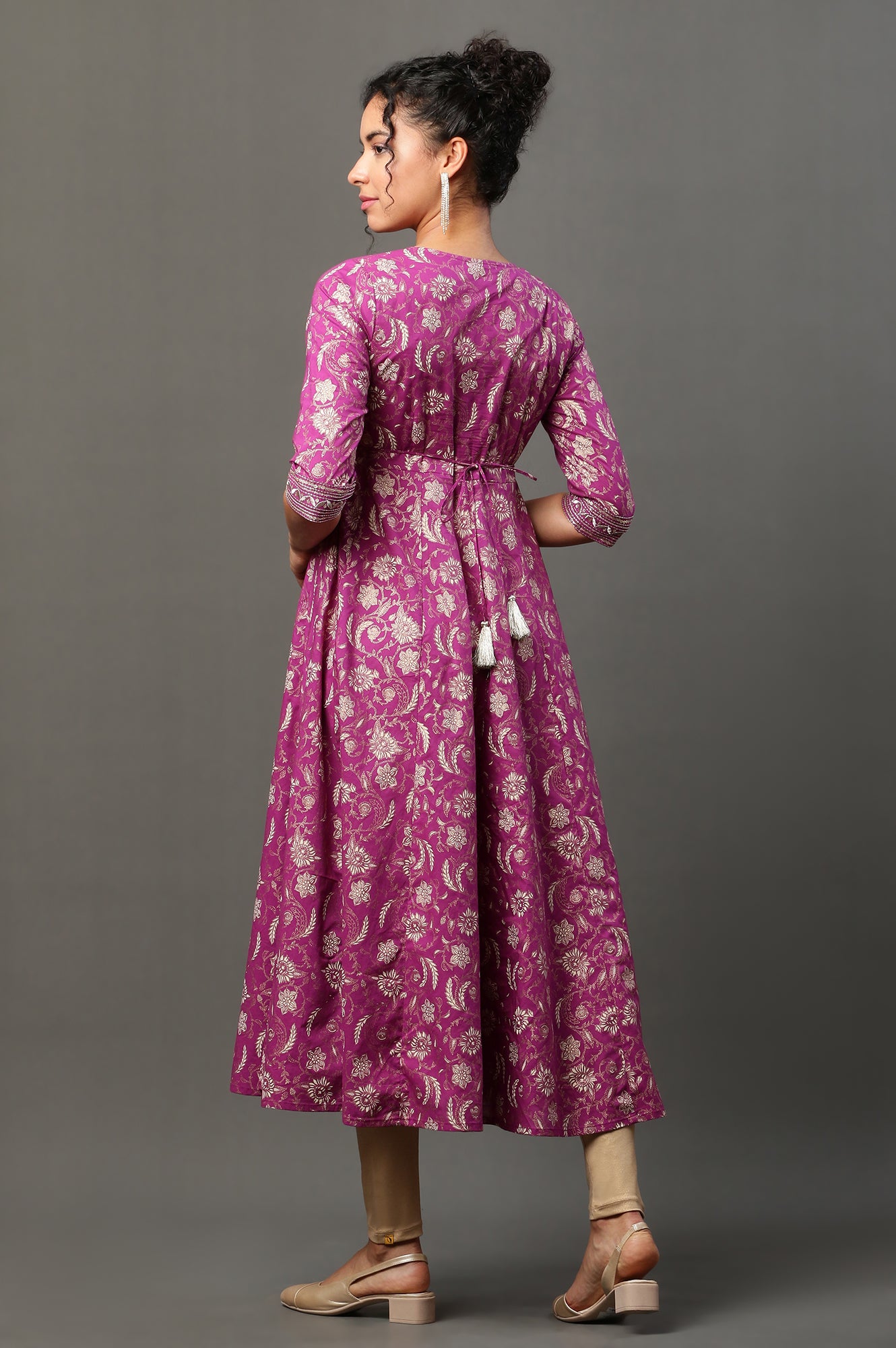 Purple Floral Printed Embroidered A-line Kurta