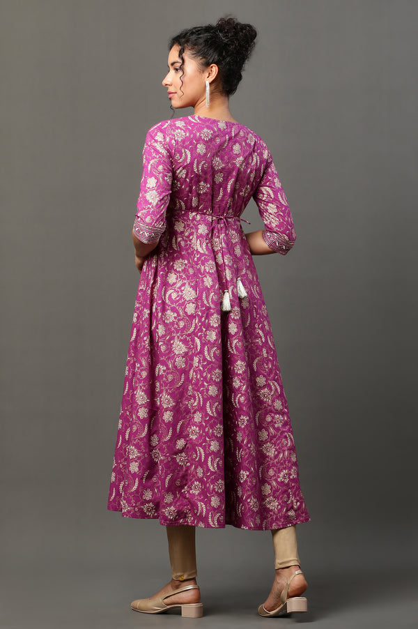 Purple Floral Printed Embroidered A-Line Kurta