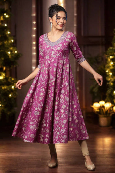 Purple Floral Printed Embroidered A-line Kurta