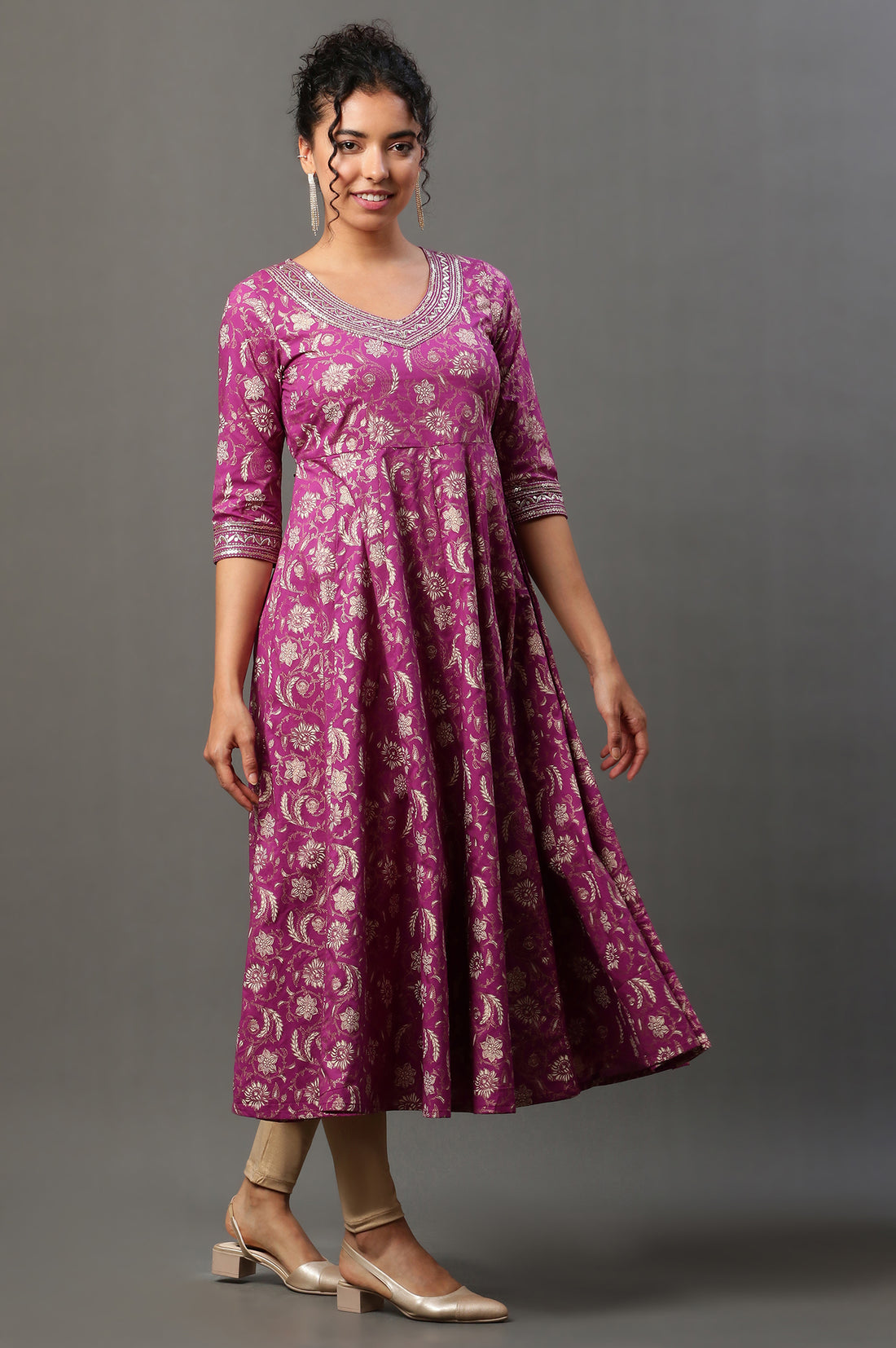 Purple Floral Printed Embroidered A-Line Kurta