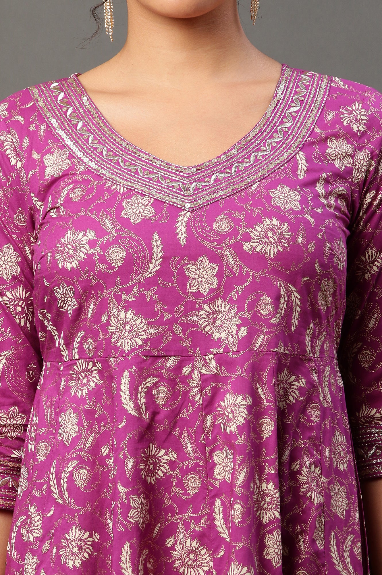 Purple Floral Printed Embroidered A-line Kurta