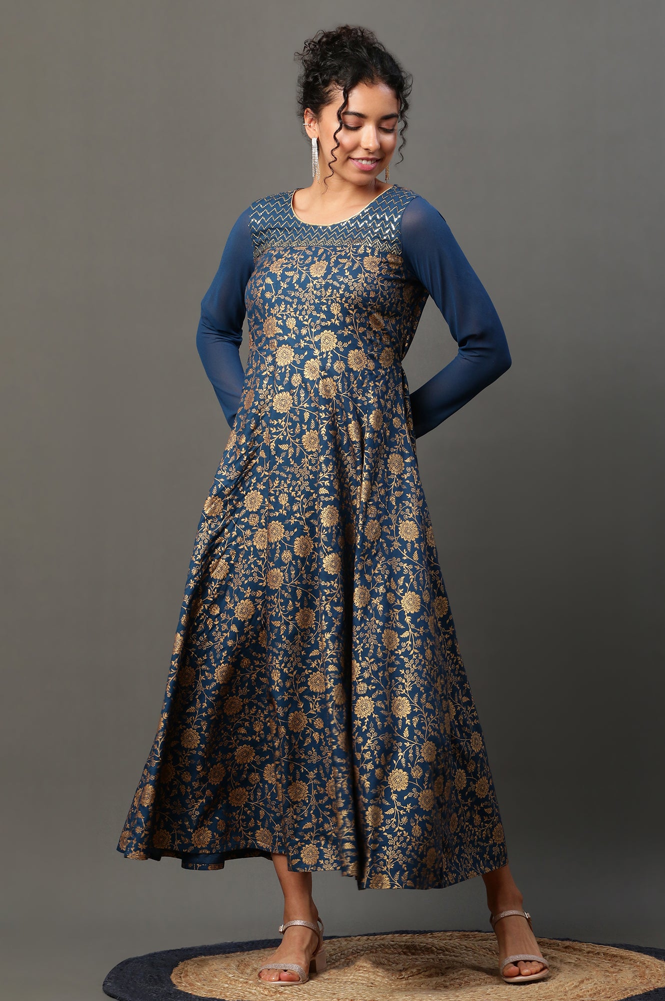 Blue Floral Printed Anarkali Festive Kurta