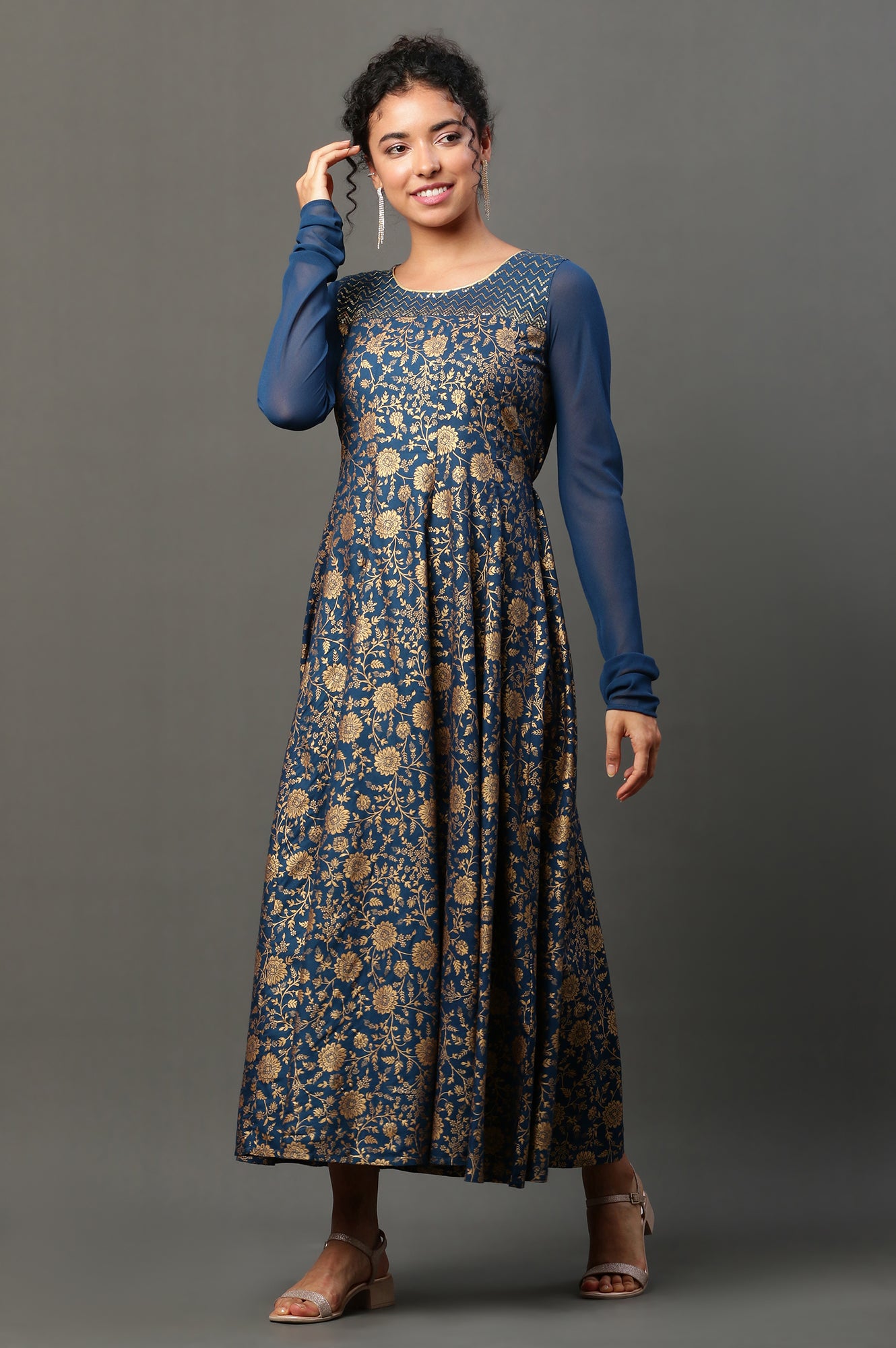 Blue Floral Printed Anarkali Festive Kurta