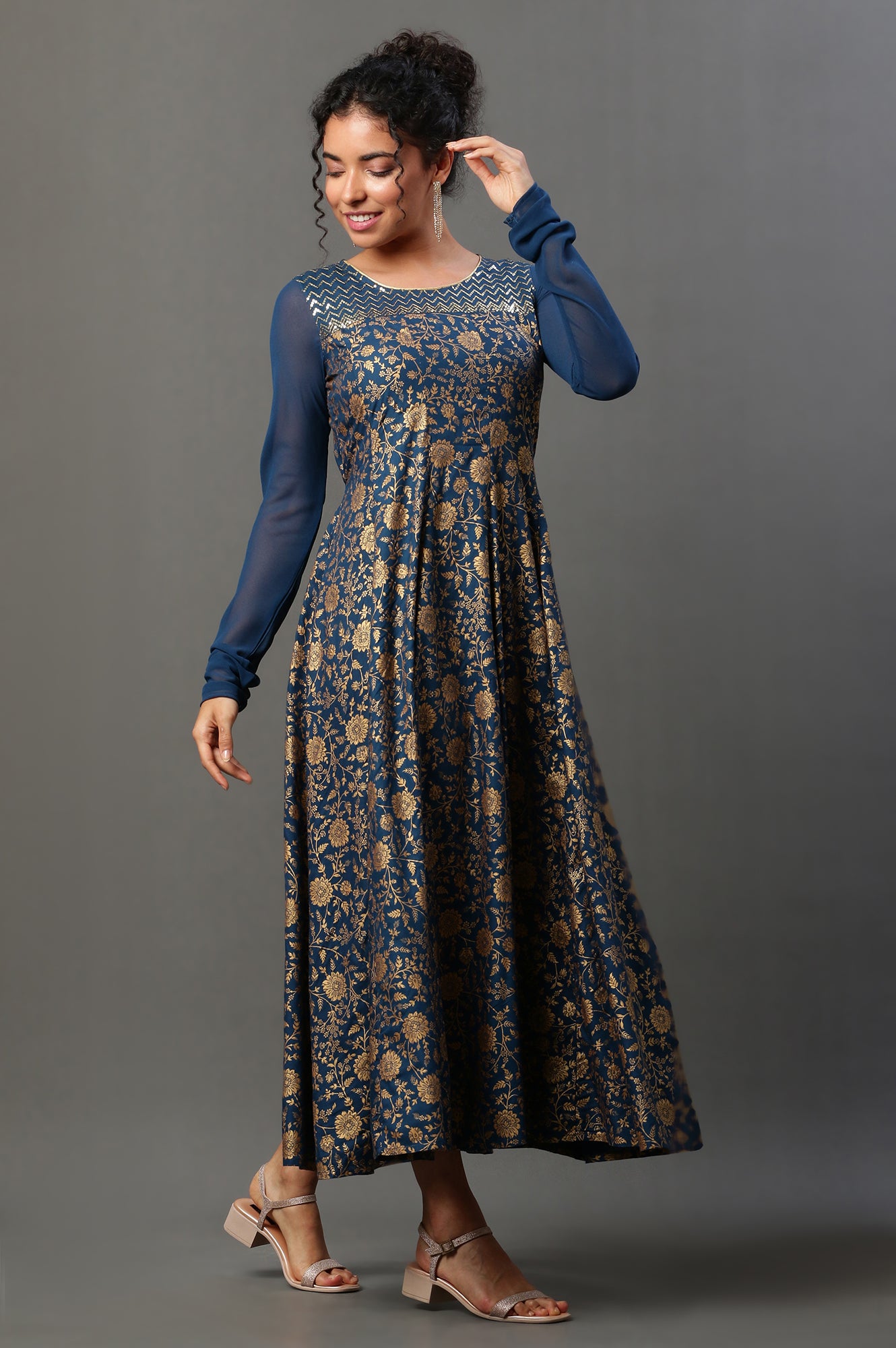 Blue Floral Printed Anarkali Festive Kurta