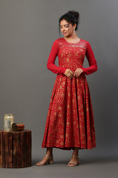 Red Floral Printed Anarkali Festive Kurta