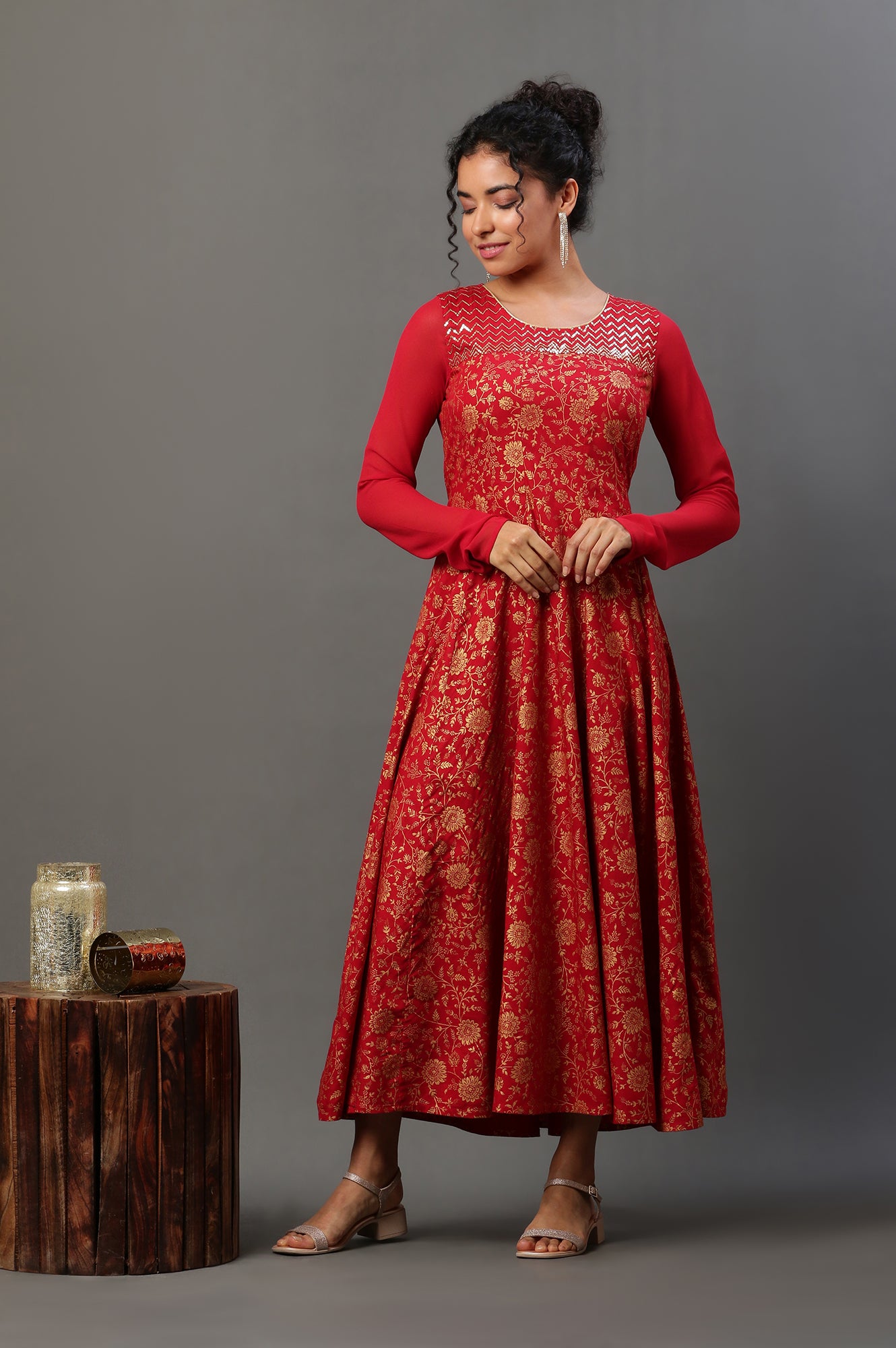 Red Floral Printed Anarkali Festive Kurta