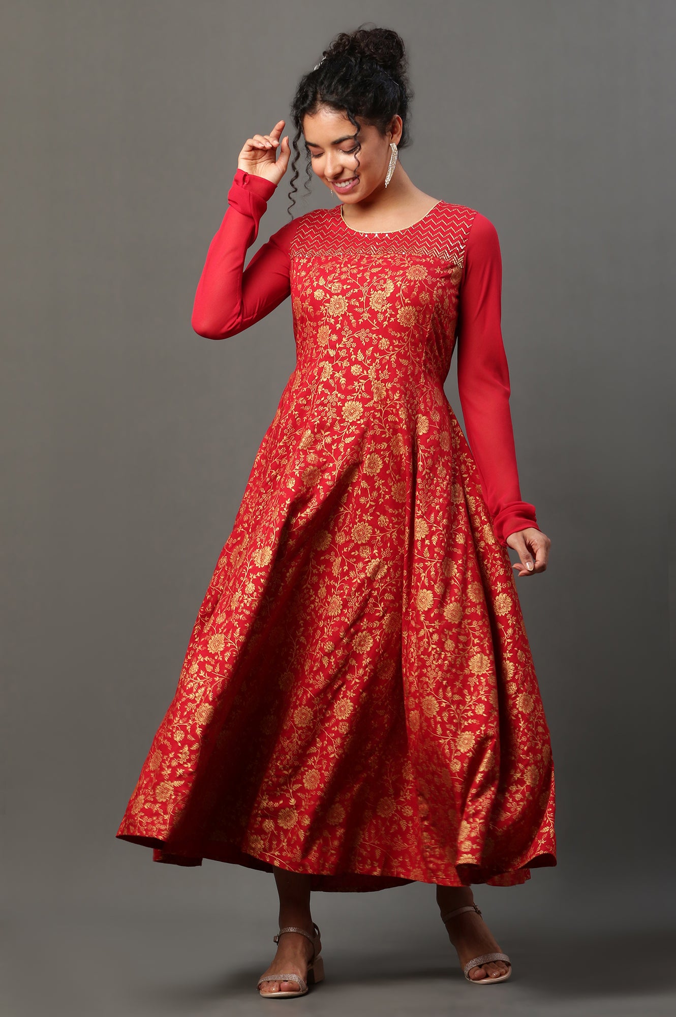 Red Floral Printed Anarkali Festive Kurta