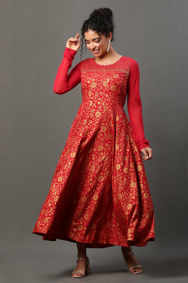Red Floral Printed Anarkali Festive Kurta