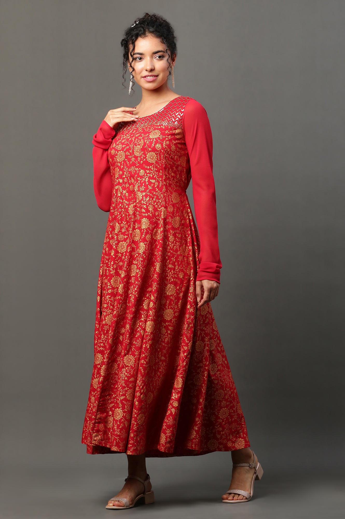 Red Floral Printed Anarkali Festive Kurta