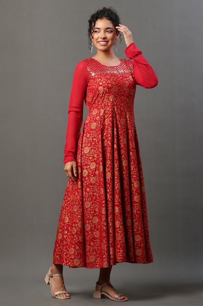 Red Floral Printed Anarkali Festive Kurta