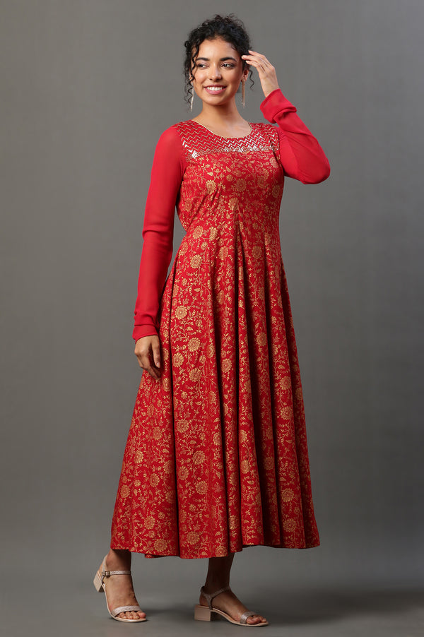Red Floral Printed Anarkali Festive Kurta