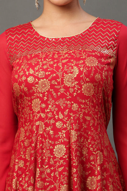 Red Floral Printed Anarkali Festive Kurta