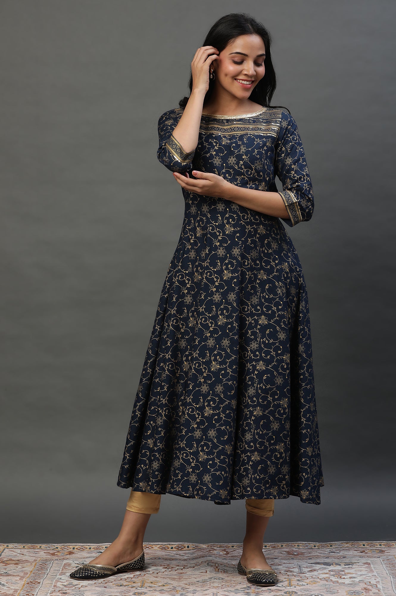 Blue A-libe Floral Printed Embellished Kurta