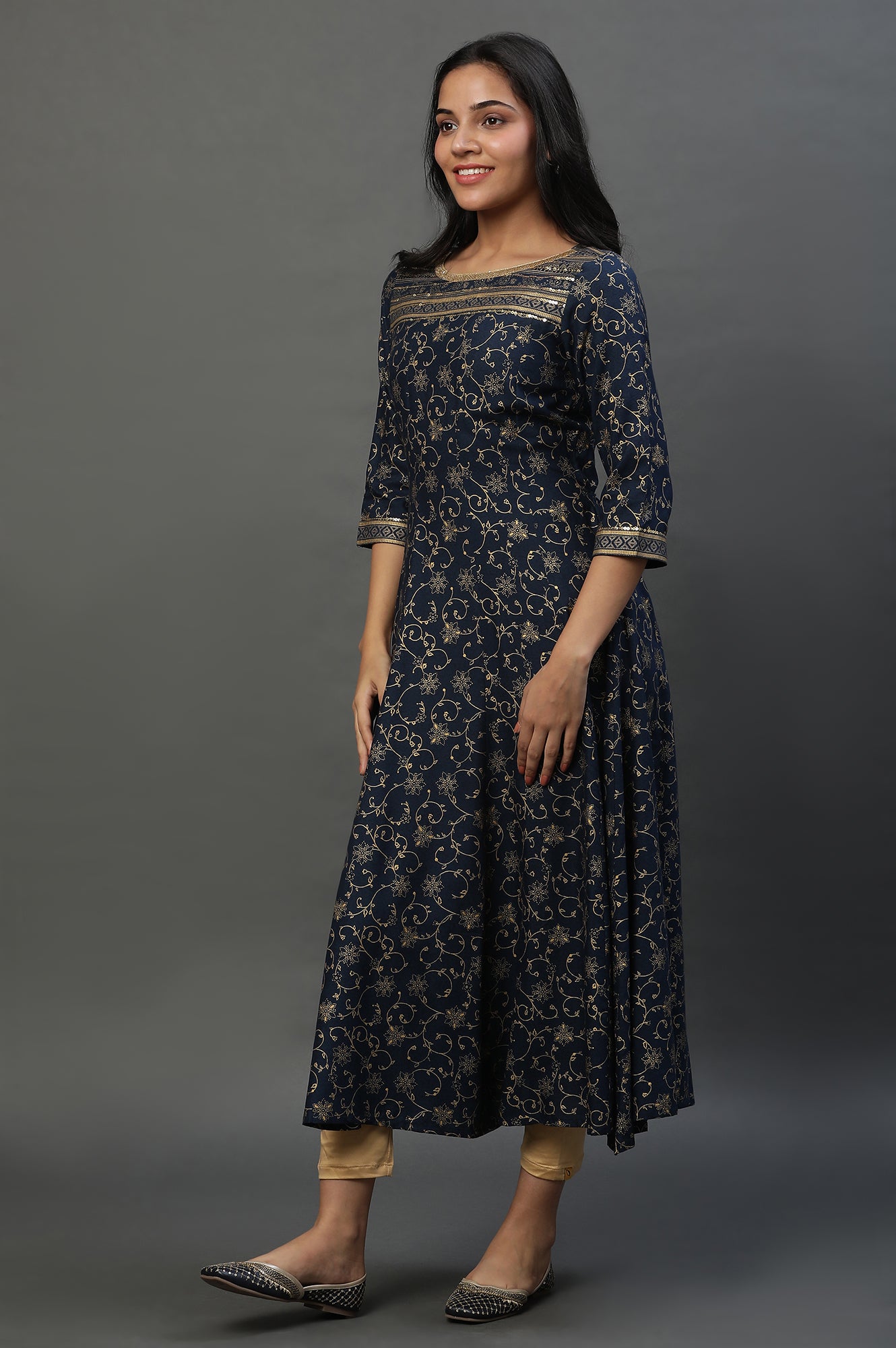 Blue A-libe Floral Printed Embellished Kurta