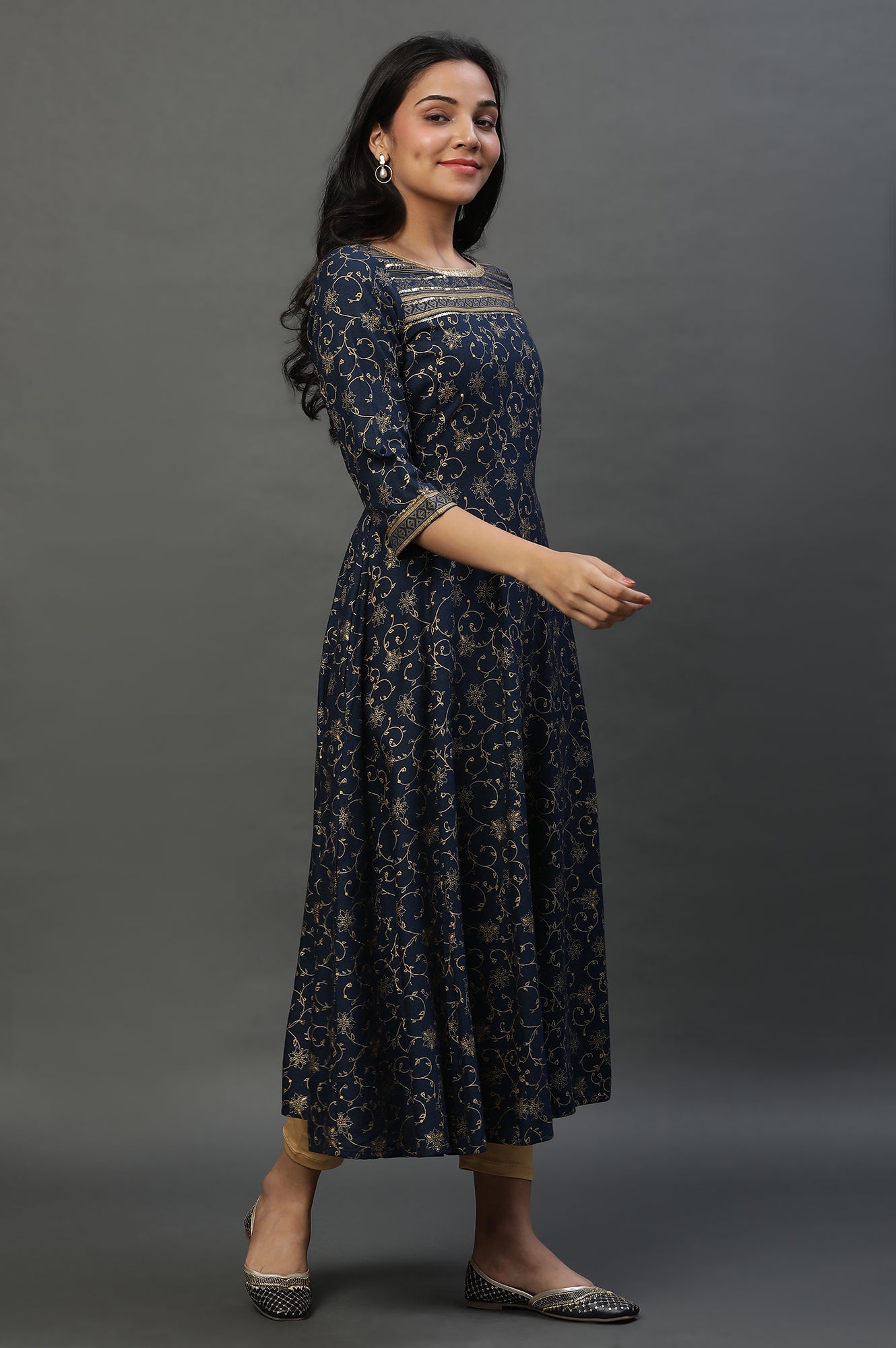 Blue A-libe Floral Printed Embellished Kurta