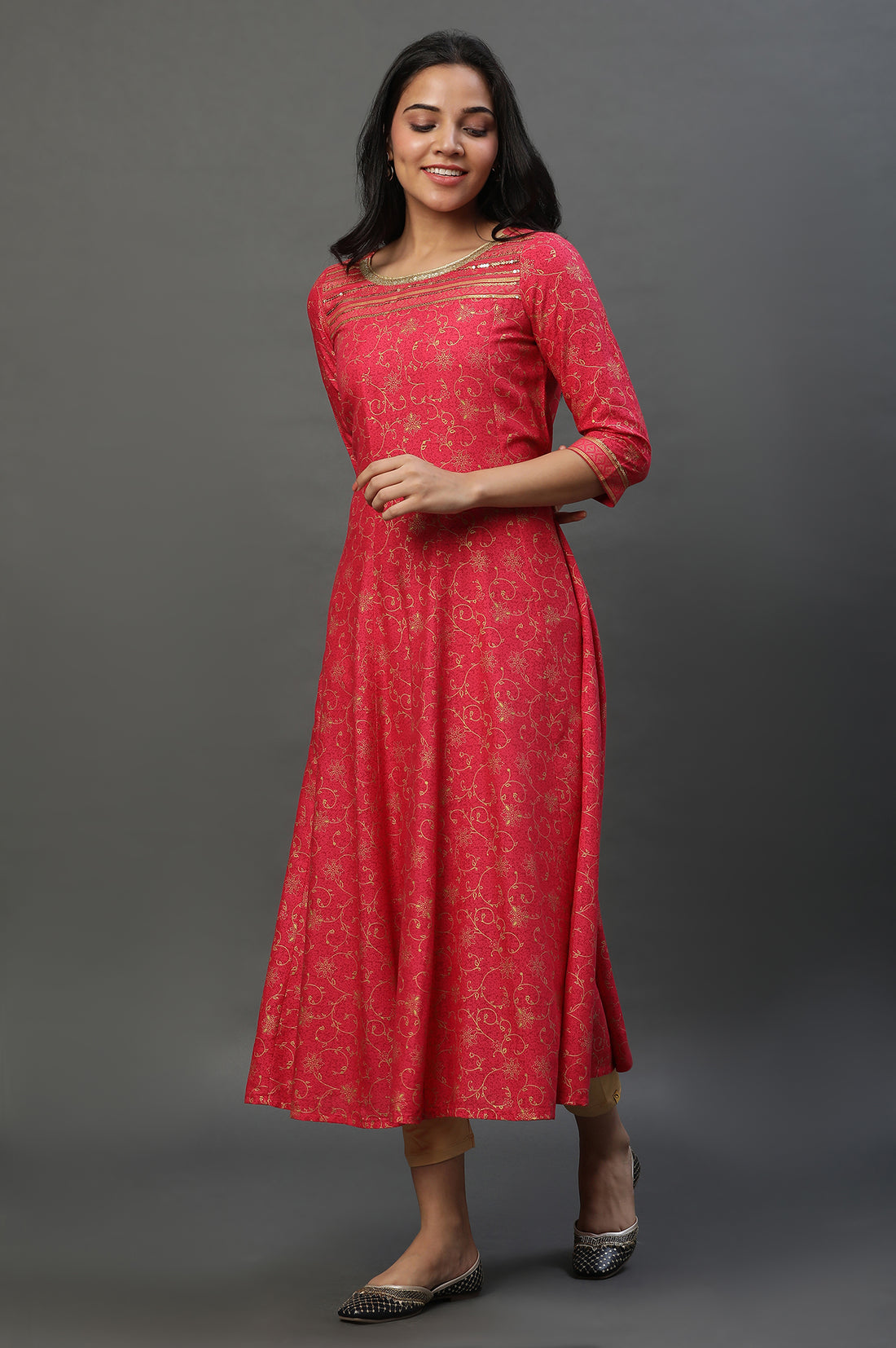 Pink A-libe Floral Printed Embellished Kurta