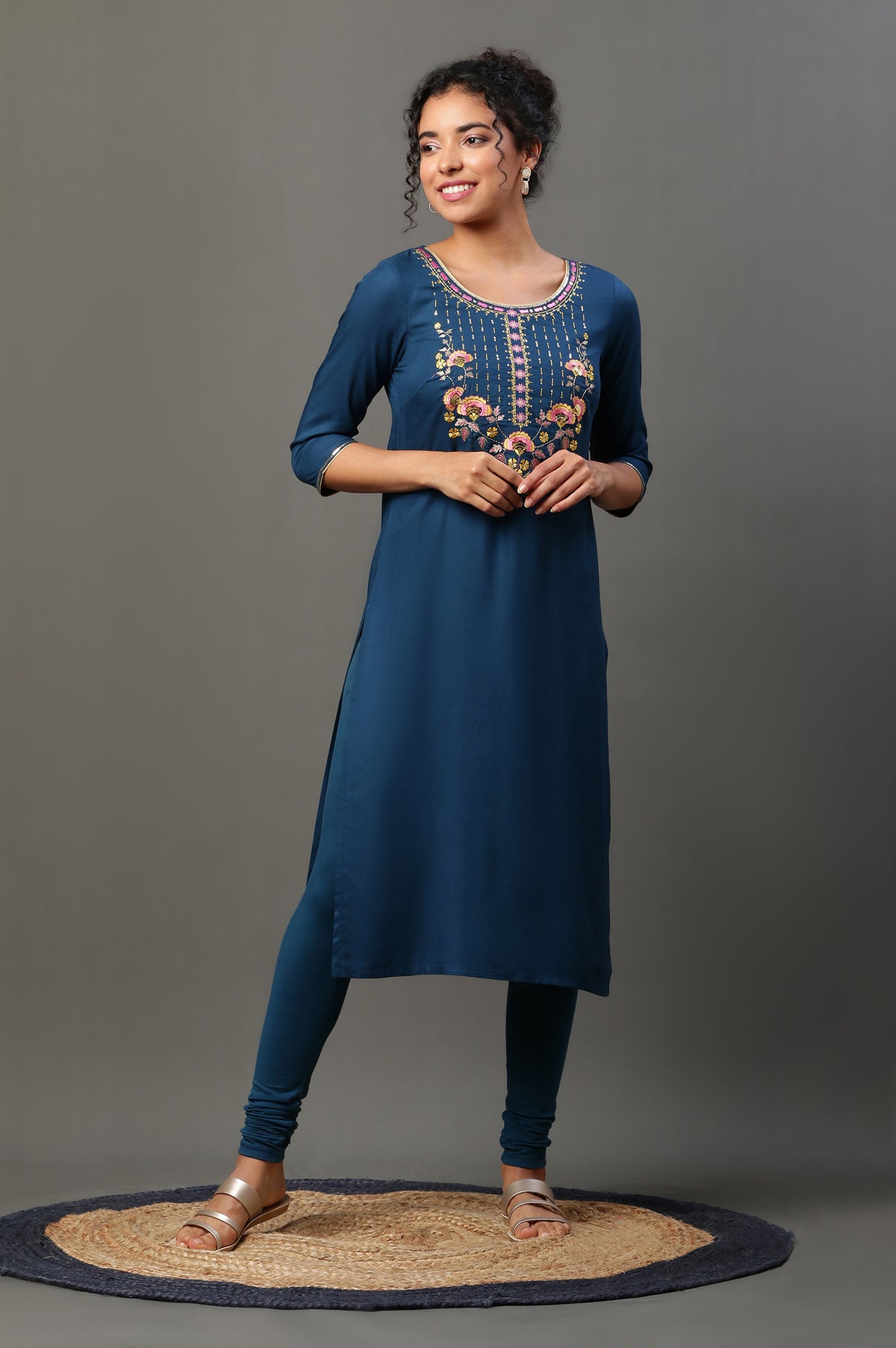 Blue Embroidered Festive Kurta - XS