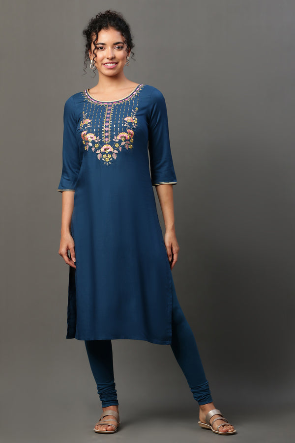 Blue Embroidered Festive Kurta