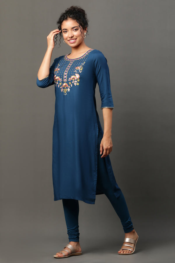 Blue Embroidered Festive Kurta