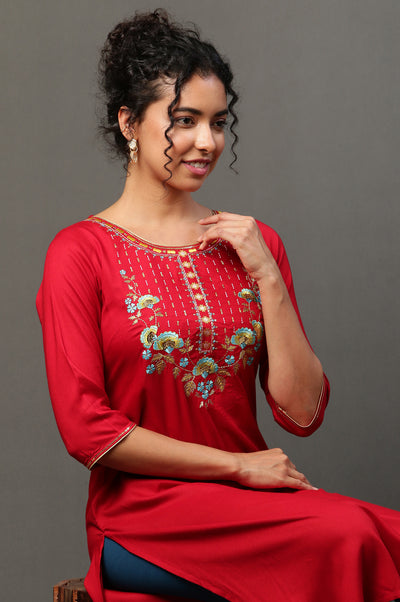 Red Zari Embroidered Festive Kurta