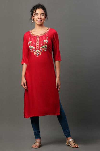 Red Zari Embroidered Festive Kurta