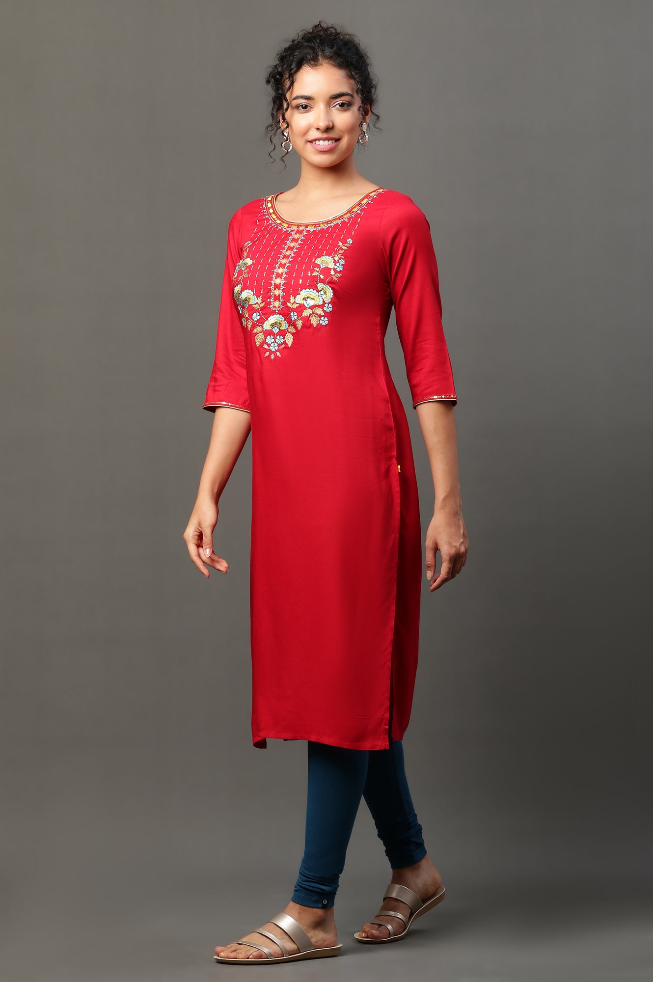 Red Zari Embroidered Festive Kurta