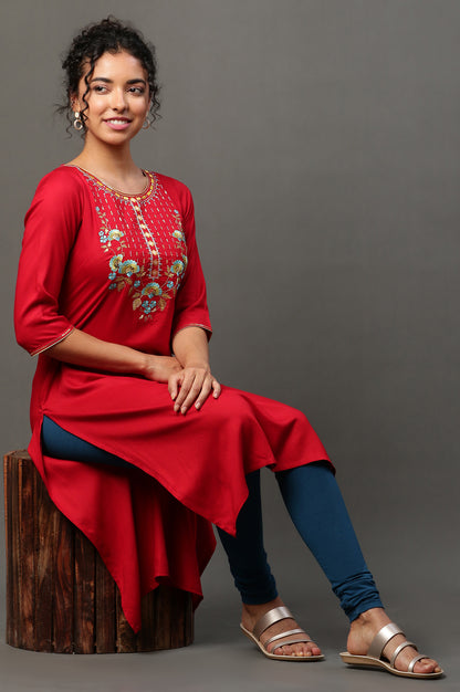 Red Zari Embroidered Festive Kurta