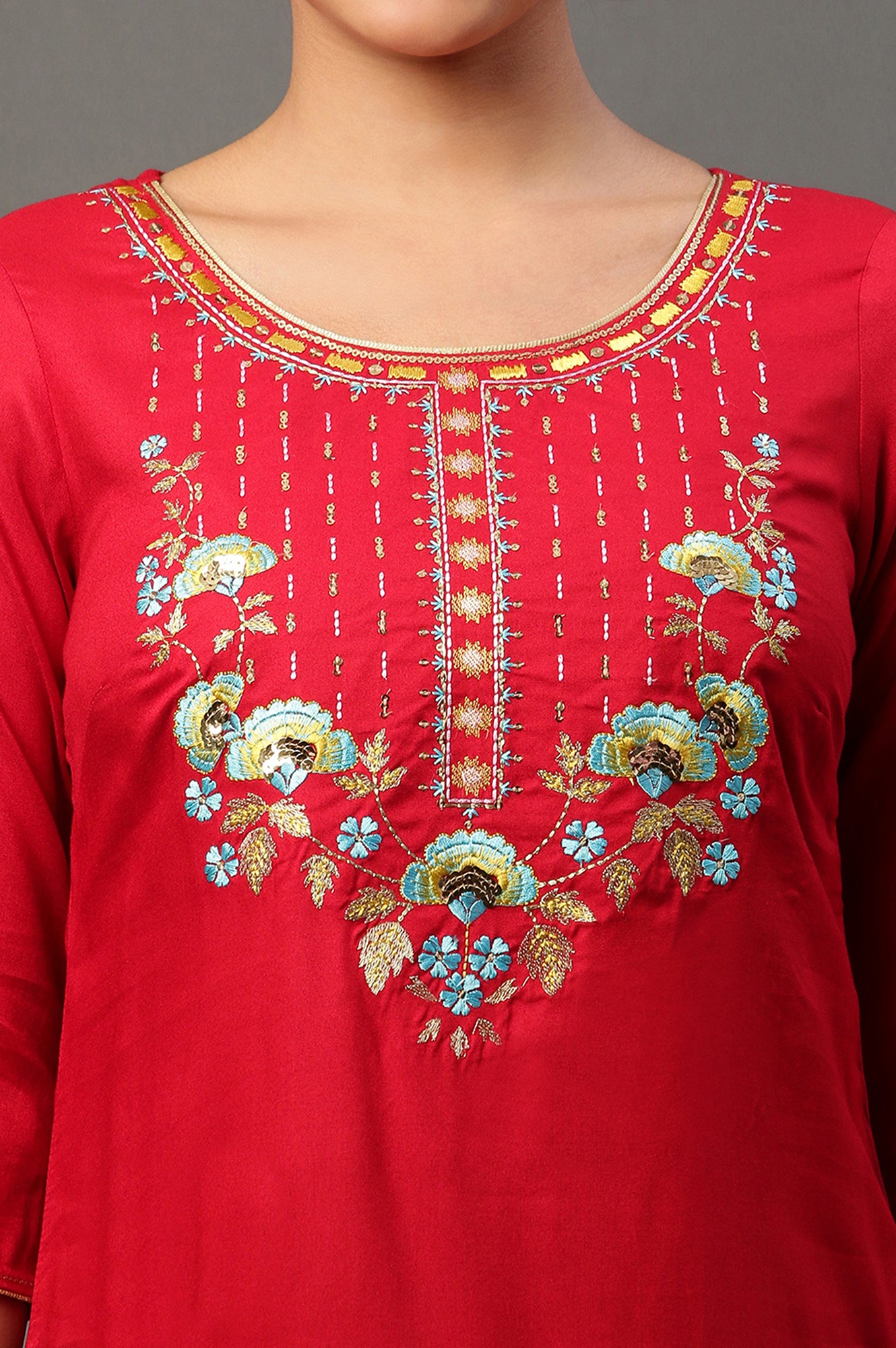 Red Zari Embroidered Festive Kurta