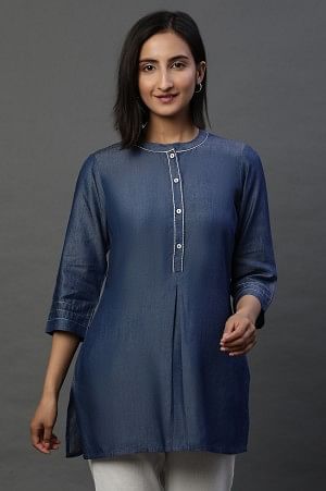 Blue Denim Solid Short Kurti