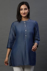 Blue Denim Solid Short Kurti