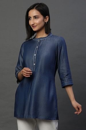 Blue Denim Solid Short Kurti