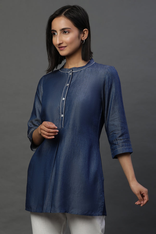 Blue Denim Solid Short Kurti