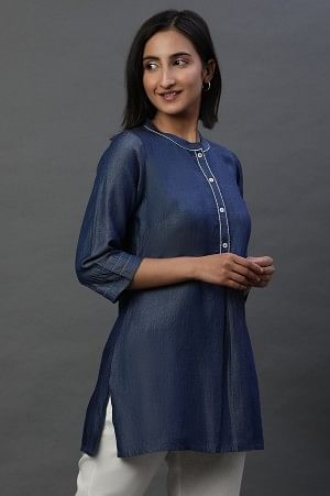 Blue Denim Solid Short Kurti