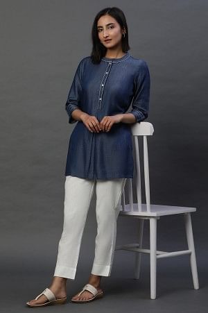 Blue Denim Solid Short Kurti