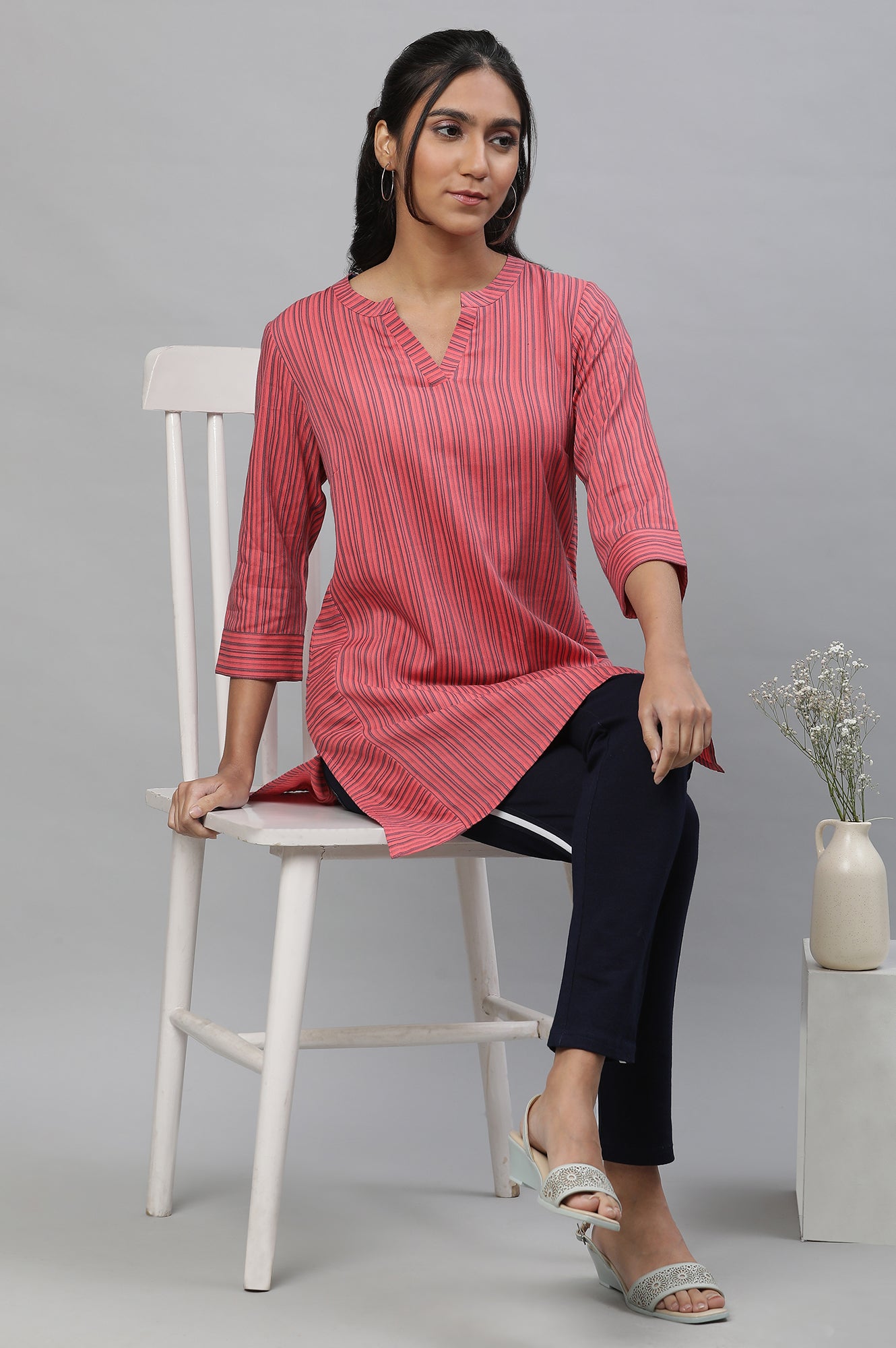 Pink V-neck Short Kurti with Blue Stripes