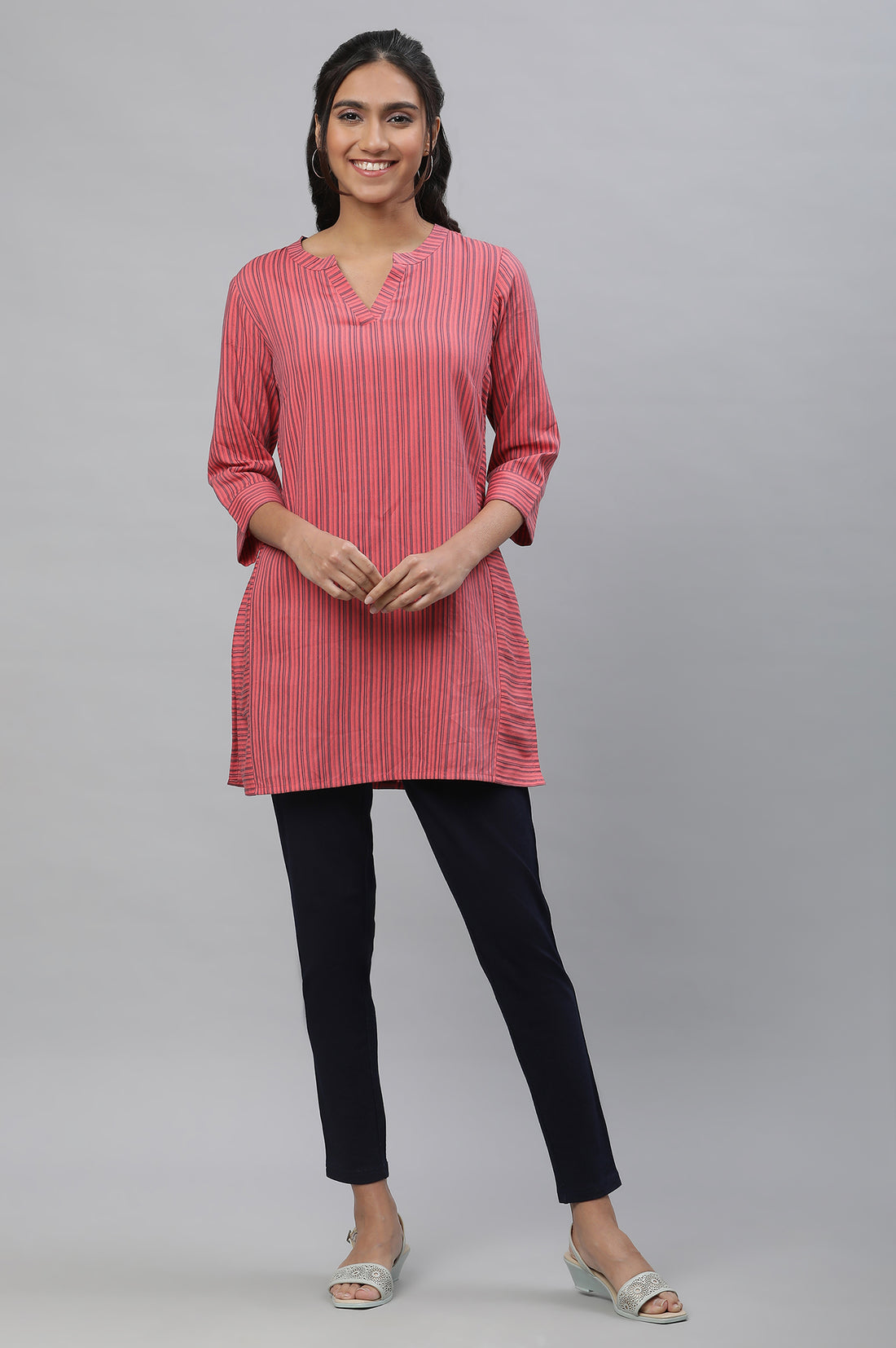 Pink V-Neck Short Rayon Kurti with Blue Stripes