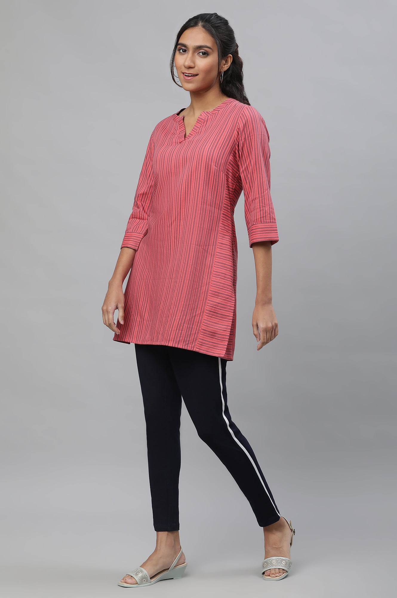 Pink V-neck Short Kurti with Blue Stripes