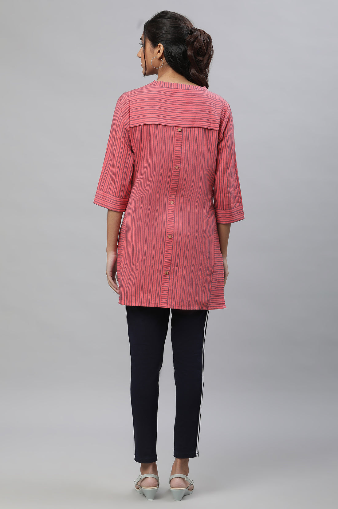 Pink V-Neck Short Rayon Kurti with Blue Stripes